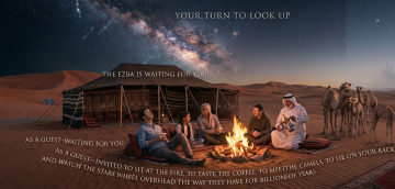 Guests sitting around a desert campfire near a Bedouin tent under the Milky Way in the Arabian desert