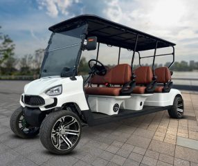 white 6 seater golf cart with brown seats parked outdoors
