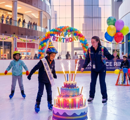 kids celebrating birthday on ice with cake balloons Dubai Ice Rink Dubai Mall