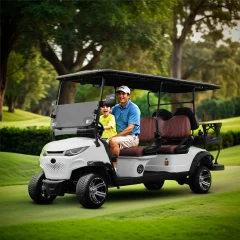 father and child enjoying ride in electric golf cart on green golf course