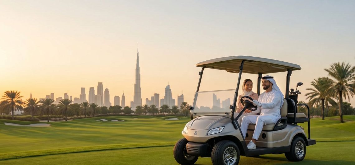 couple riding golf cart on golf course with Burj Khalifa and Dubai skyline at sunset