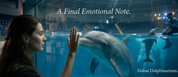 woman touching glass while dolphin interacts from underwater at Dubai Dolphinarium