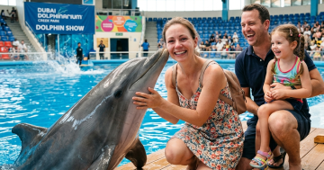 Family enjoying close interaction with dolphin at Dubai Dolphinarium poolside