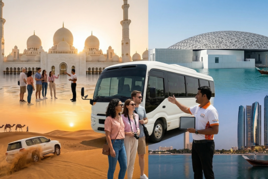 UAE guided tour with bus transport, Sheikh Zayed Grand Mosque, Louvre Abu Dhabi, desert safari and city skyline