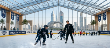 kids ice hockey training with coach at Dubai Ice Rink with Dubai skyline view