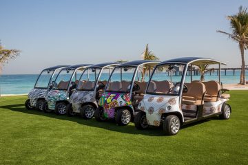 custom printed golf carts parked near beach with ocean view