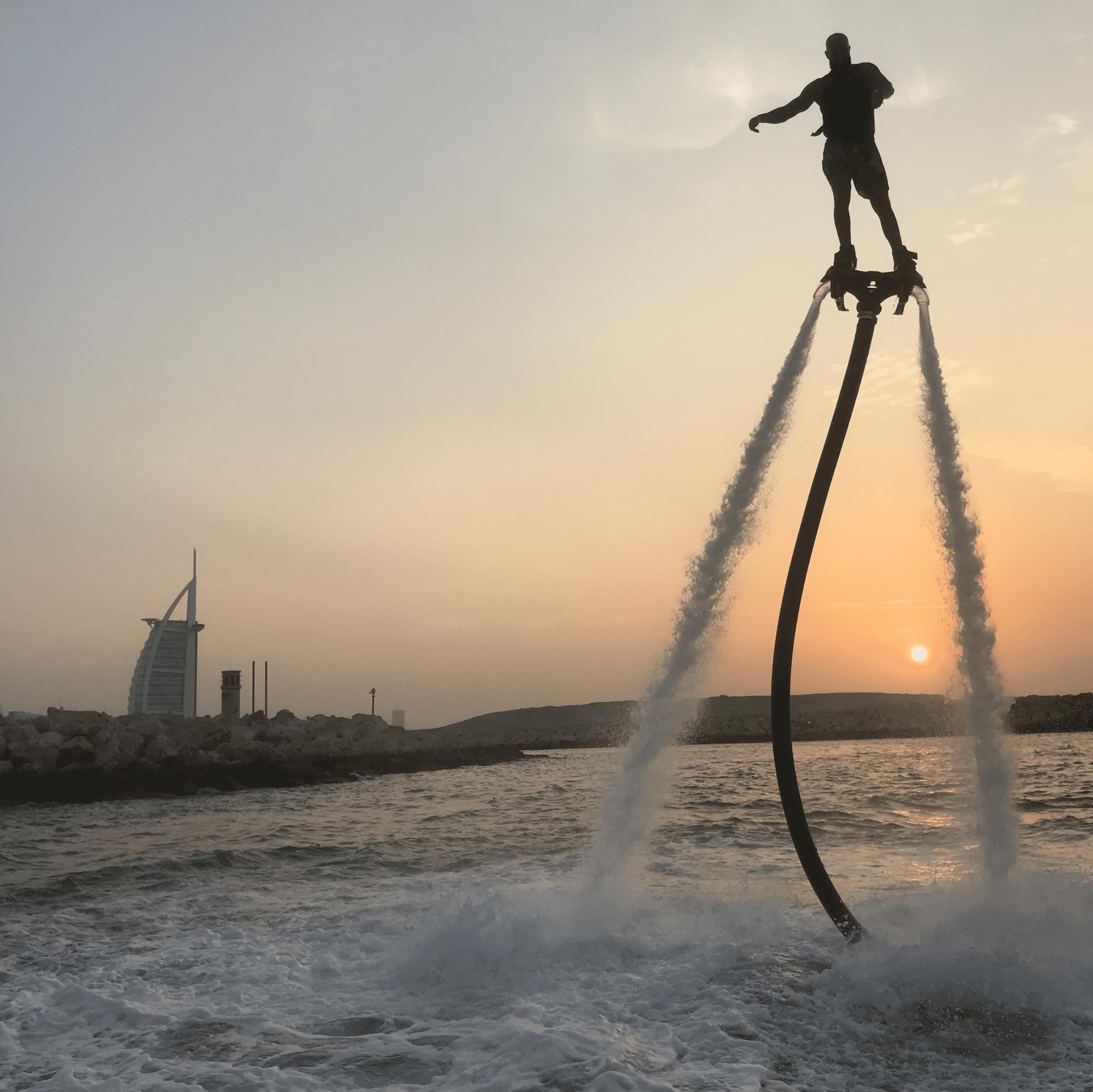 Flyboarding acrobatics over Dubai Marina