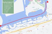 Route map of the Dhow Dinner Cruise in Abu Dhabi, passing through Al Raha Creek, Yas Island, and nearby waterfront attractions.