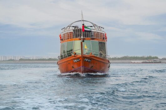 Front view of a sightseeing dhow cruise on Yas Island waters.