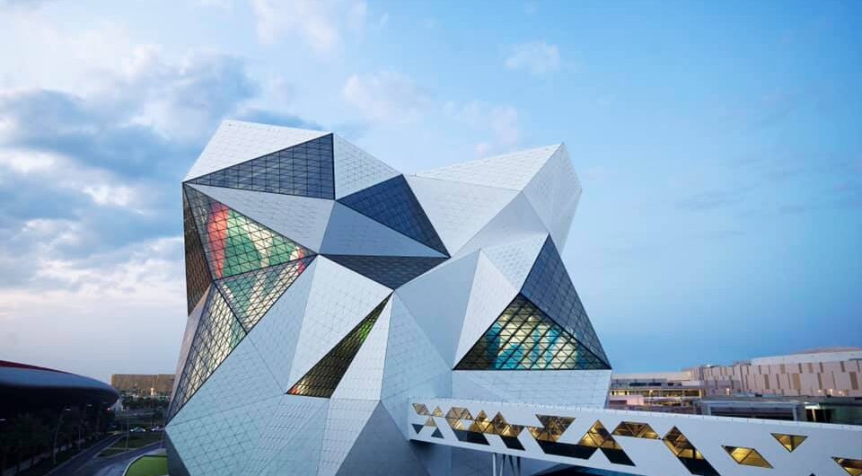 CLYMB Abu Dhabi's geometric architectural marvel against a clear sky