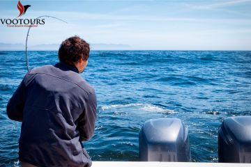 Person fishing in the open sea with a fishing rod, captured from the back of a boat