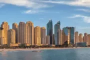 Jumeirah Beach Residences skyline in golden light.