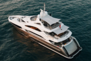 Aerial view of Sunseeker superyacht in Dubai waters.