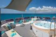 Luxury yacht deck with jacuzzi and ocean view.