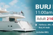 Yacht advertisement for Burj Lunch with timings and pricing details.