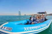 Speed boat touring the turquoise waters of Dubai Marina