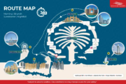 Dubai yacht tour route map featuring iconic landmarks like Palm Jumeirah and Burj Al Arab.