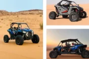 Family riding a Polaris RZR dune buggy in the desert