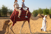 A couple riding a camel in the desert led by a local guide.