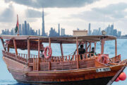 Abra Boat on Dubai Waters with Burj Khalifa in the Background