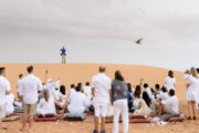 A trained falcon flying over a group watching in the desert.