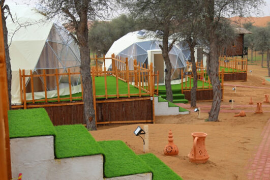 A group of geodesic dome tents in a desert camp, surrounded by trees and a landscaped walkway.