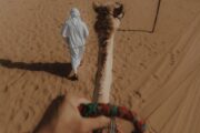 A couple enjoys a camel ride through the golden dunes of the Dubai Desert