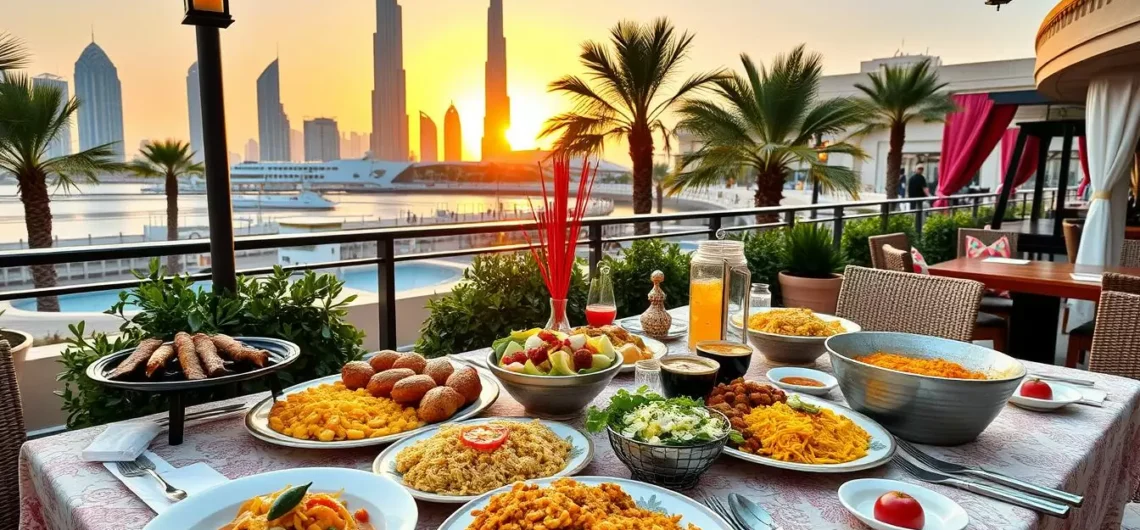 Traditional Middle Eastern feast with Dubai skyline and Burj Khalifa at sunset