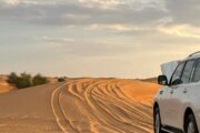 A white 4×4 SUV parked on desert sand, with tire tracks leading into the distance.