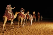 A camel caravan trekking across a vast, sun-drenched desert landscape.