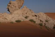 A prominent, uniquely shaped rock formation standing on a red dune under a bright sky.