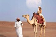 Woman riding a camel in the desert with moon in the background