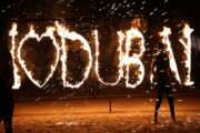 I Love Dubai fire show performance in the desert at night