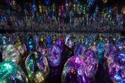 Woman surrounded by glowing crystal egg installations at TeamLab Phenomena Abu Dhabi