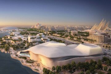 Aerial view of Saadiyat Cultural District including the teamLab Phenomena building.