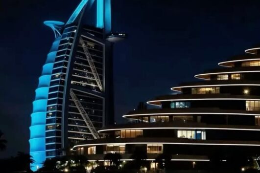 Burj Al Arab and surrounding luxury hotel lit at night