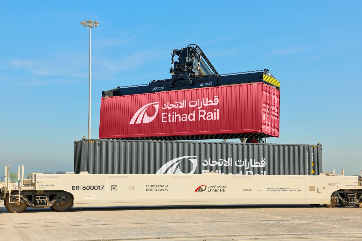 Etihad Rail freight containers being loaded for transport.