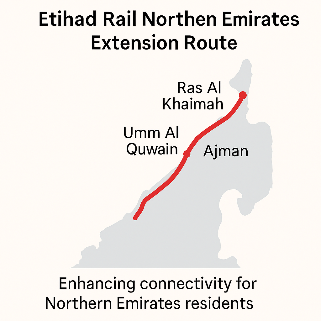 Map illustrating Etihad Rail’s Northern Emirates Extension connecting Ras Al Khaimah, Umm Al Quwain, and Ajman.
