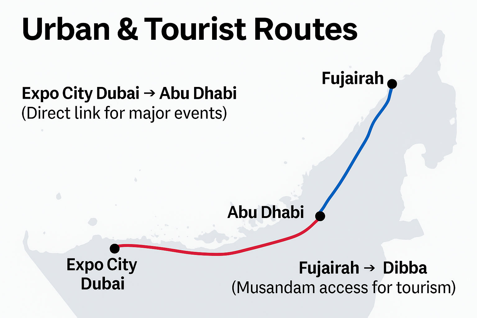 Map showing Etihad Rail’s Urban & Tourist Routes connecting Expo City Dubai to Abu Dhabi, and Fujairah to Dibba.
