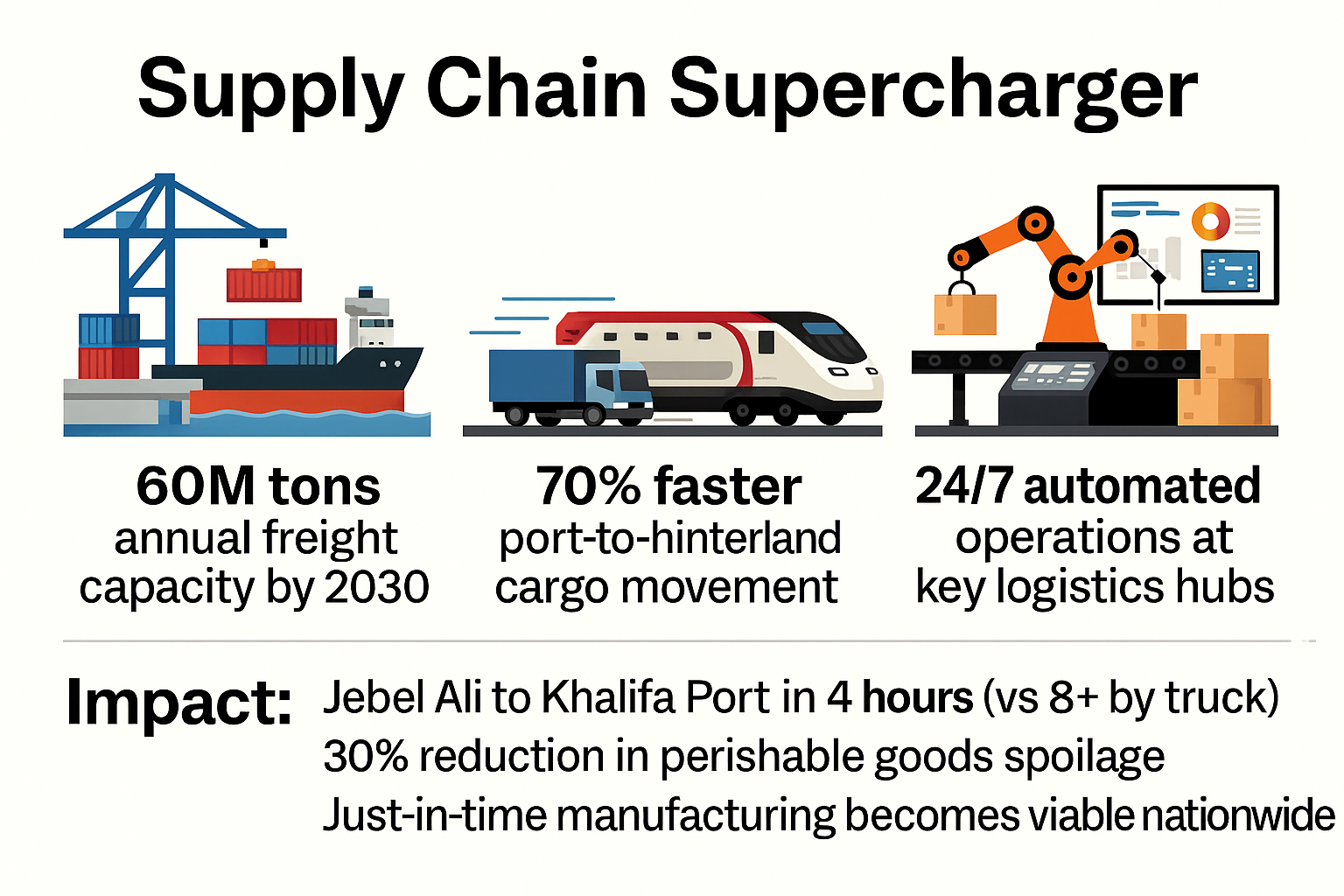 Infographic illustrating the UAE’s "Supply Chain Supercharger" benefits, showing cargo ship, train with truck, and automated logistics hub, highlighting increased freight capacity, faster cargo movement, and around-the-clock operations with key impact points.
