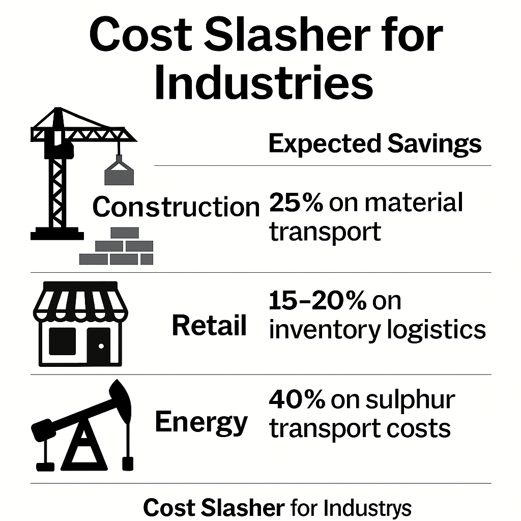 Infographic titled "Cost Slasher for Industries" showing sector-wise transport cost savings: Construction (25% on material transport), Retail (15-20% on inventory logistics), and Energy (40% on sulphur transport costs), each represented with relevant industry icons.