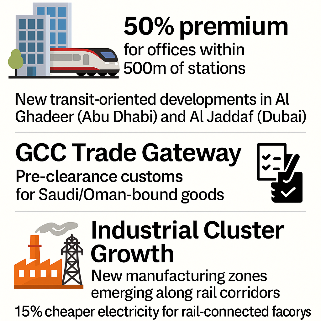 Infographic highlighting three key opportunities from UAE’s rail development: premium real estate near stations, faster GCC trade processing, and growth in industrial clusters.