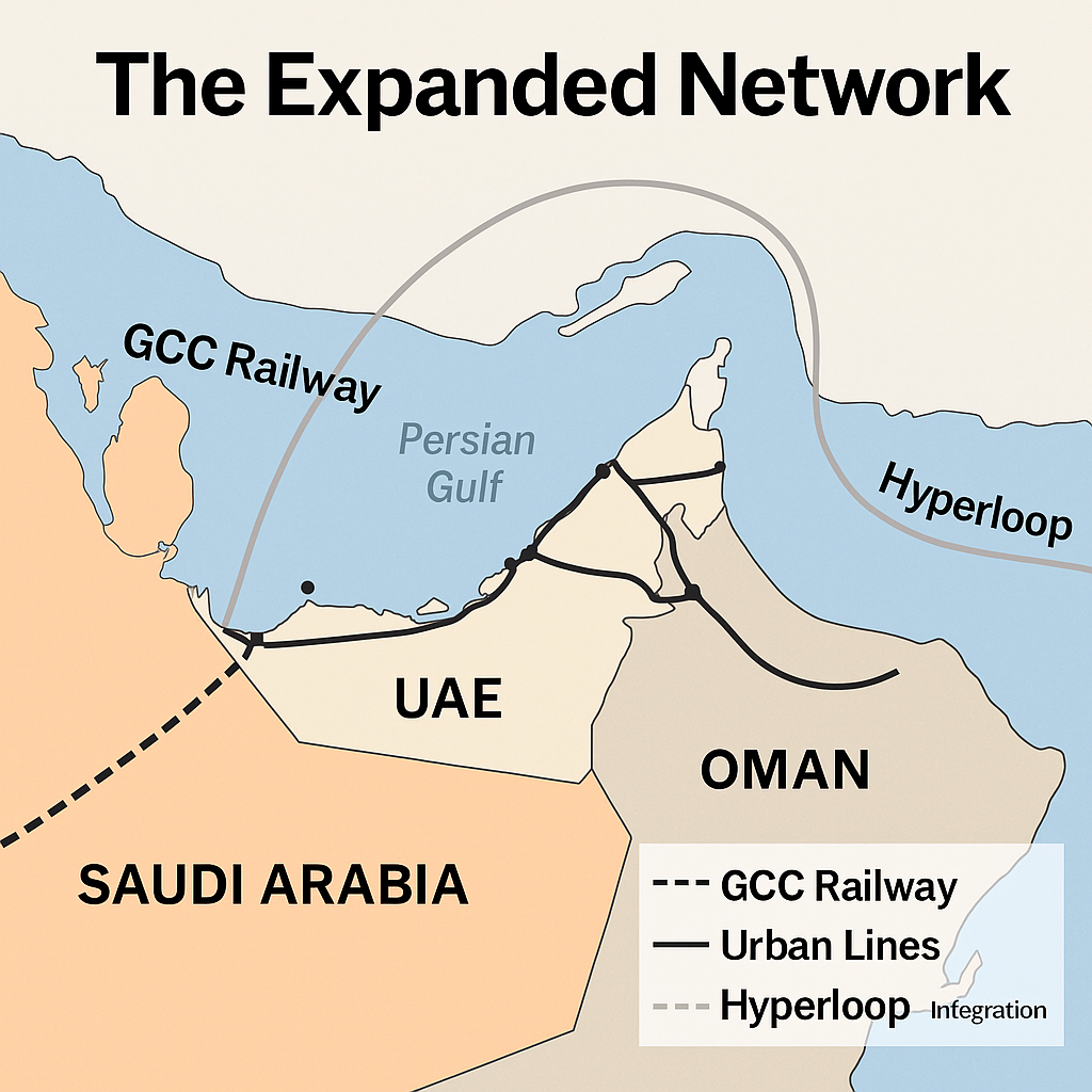 Map showing the expanded GCC railway network linking Saudi Arabia, UAE, and Oman, including urban commuter lines and proposed Hyperloop integration routes.