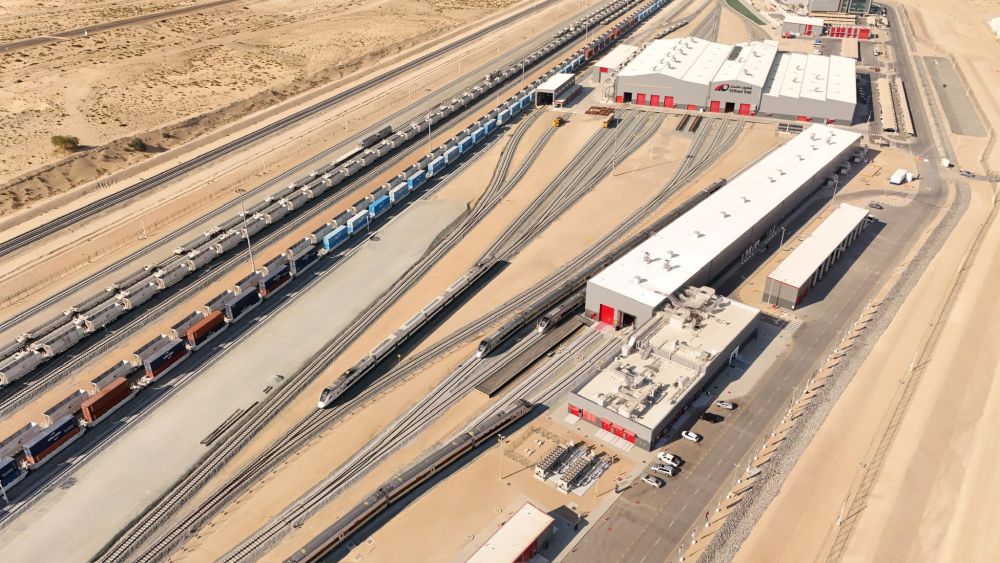 Aerial view of Etihad Rail freight yard with multiple trains and warehouses.