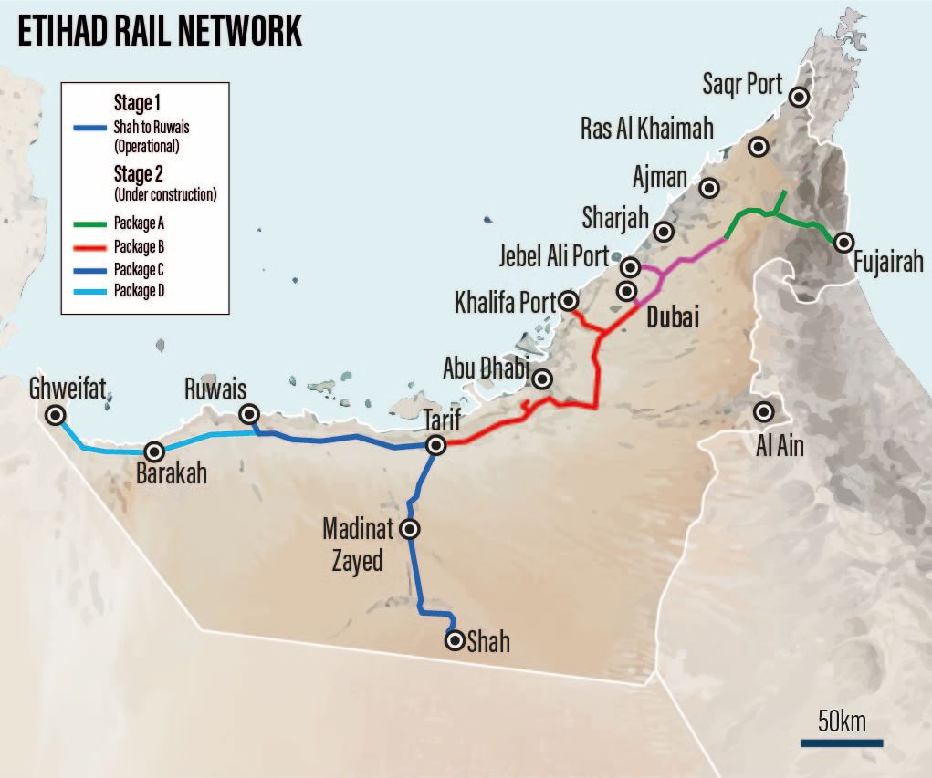 map showing the Etihad Rail network routes for Stage 1 and Stage 2.