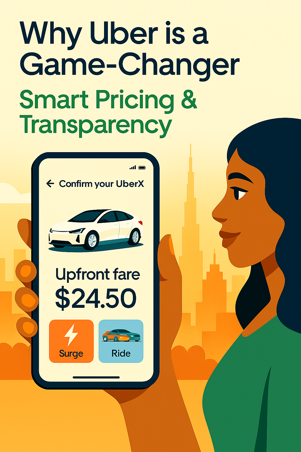 Uber rider viewing upfront fare and surge alert on mobile app.