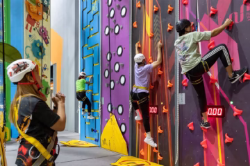 Indoor climbing wall experience at Adrenark Adventure Abu Dhabi with participants in harnesses