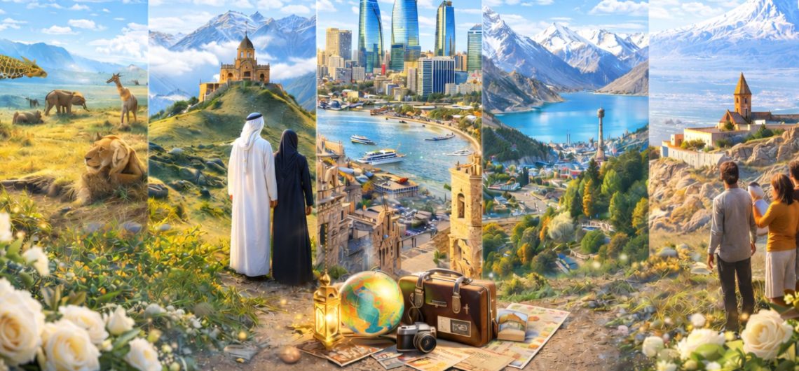 Travel collage showing Kenya safari, Georgia mountains, Azerbaijan city, Almaty lake, and Armenia monastery