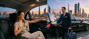 luxury chauffeur car interior Dubai passenger relaxing premium airport transfer VooTours chauffeur service UAE