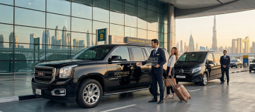 Dubai luxury airport transfer fleet GMC Yukon Mercedes V Class chauffeur service premium pickup UAE